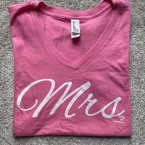 “Mrs” pink, v-neck, short sleeve tshirt, size Medium